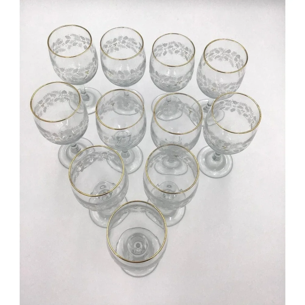 VTG (11) Libbey Arby's Christmas Holiday Wine Glasses Holly Berry Gold Rim 7